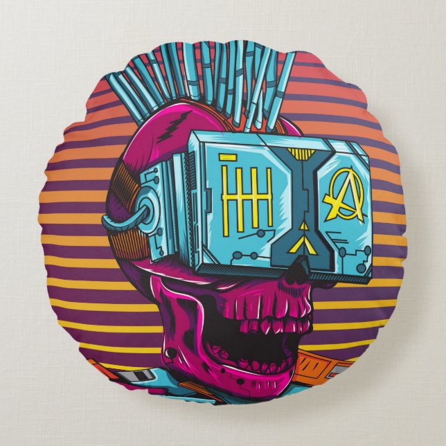 Cojín Redondo Disco Cyber Skull Virtual Reality Cyberpunk  (Anverso)
