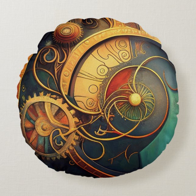 Cojín Redondo Diseño abstracto de relojería Steampunk (Anverso)