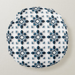 Cojín Redondo Diseño abstracto geométrico en azul y blanco