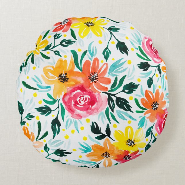 Cojín Redondo Diseño acuático de flores rosas amarillas modernas (Anverso)
