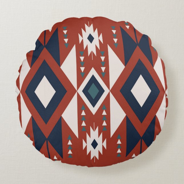 Cojín Redondo Diseño Azteca de Cobre y Azul (Anverso)