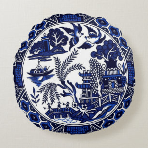 Cojín Redondo Diseño azul clásico de China del sauce