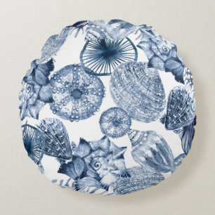 Cojín Redondo Diseño costero de castillos azules y blancos