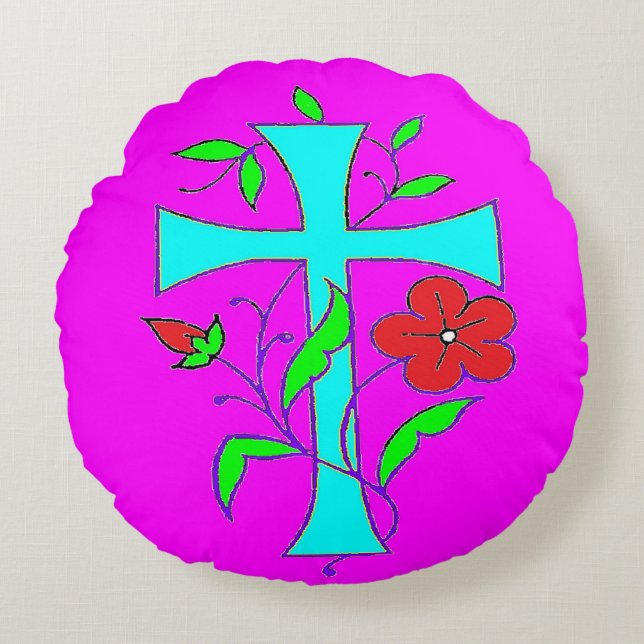 COJÍN REDONDO DISEÑO CRUZ LUMINOSO CON FLORES (Anverso)
