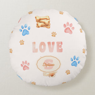 Cojín Redondo Diseño de acuarela "LOVE" con pinturas de perros