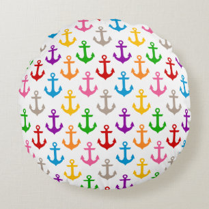 Cojín Redondo Diseño de Ancla de Barco Colorida Blanca