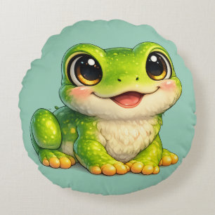 Cojín Redondo Diseño de animal Kawaii de rana linda con ojos gra