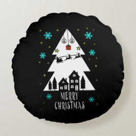 Cojín Redondo Diseño de árbol de Navidad con negro trineo