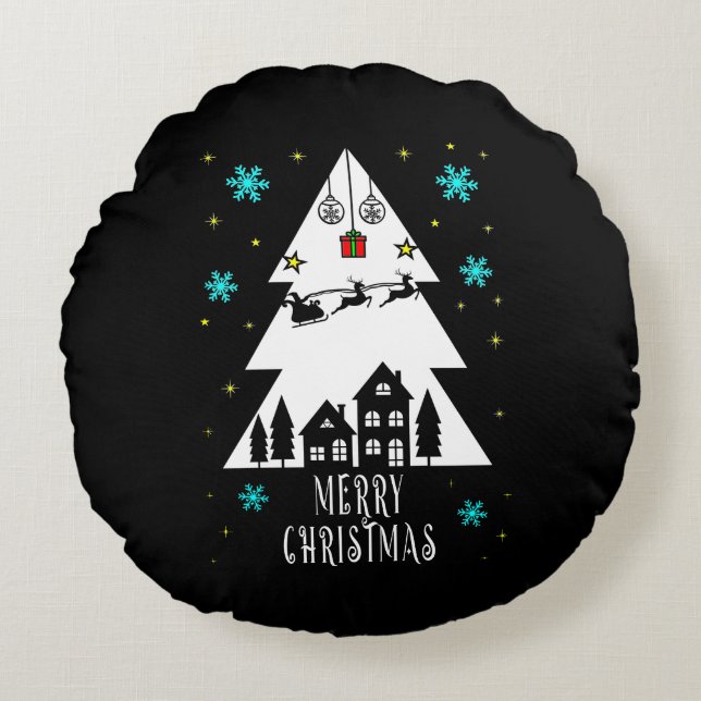Cojín Redondo Diseño de árbol de Navidad con negro trineo (Anverso)