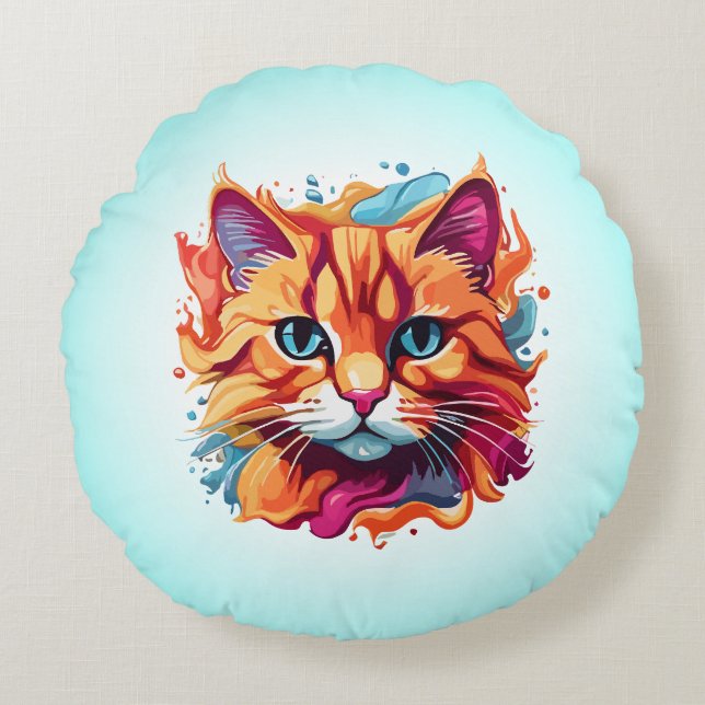 Cojín Redondo Diseño de arte digital con cara de gato lindo-8600 (Anverso)