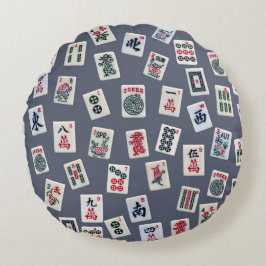 Cojín Redondo Diseño de baldosas MahJongg en azul oscuro