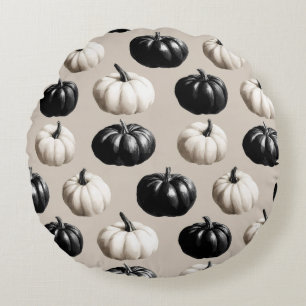 Cojín Redondo Diseño de caída de calabaza blanca y negra