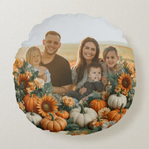 Cojín Redondo Diseño de caída de calabaza familiar personalizada