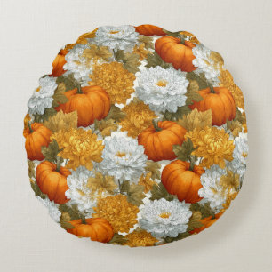 Cojín Redondo Diseño de calabazas y crisantemas