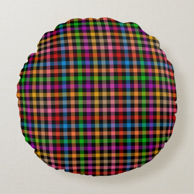 Cojín Redondo Diseño de cuadros escoceses de gingham de arcoíris (Anverso)