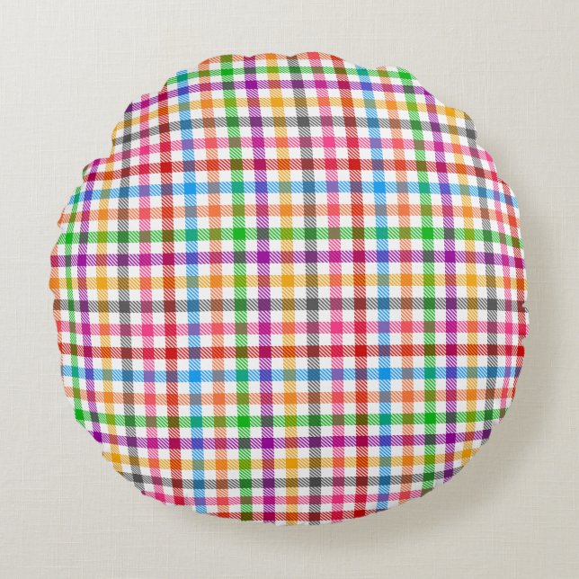 Cojín Redondo Diseño de cuadros escoceses de gingham de arcoíris (Anverso)