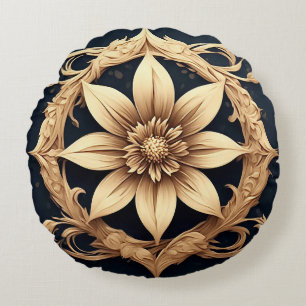 Cojín Redondo Diseño de Flor Dorada Elegante