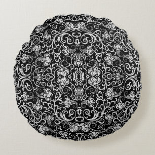 Cojín Redondo Diseño de flores dálmata negro lindo