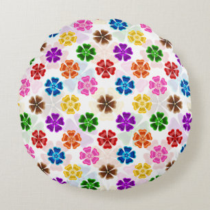 Cojín Redondo Diseño de flores de arcoíris retro colorido blanco