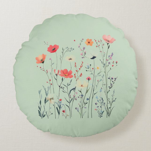 Cojín Redondo Diseño de flores silvestres verdes pasteles, brisa (Anverso)