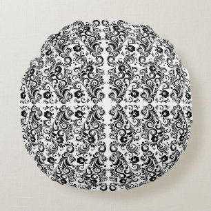 Cojín Redondo Diseño de fondo floral blanco negro lindo