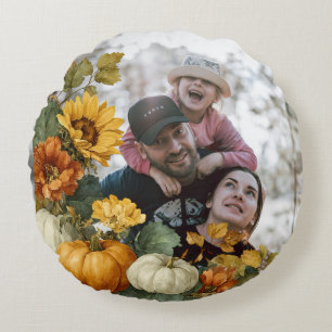Cojín Redondo Diseño de fotos de calabaza otoñal personalizado