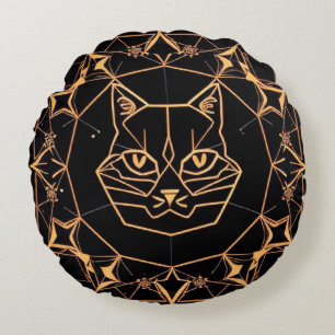 Cojín Redondo Diseño de gato geométrico con líneas doradas
