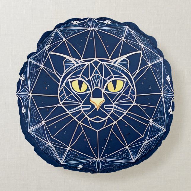 Cojín Redondo Diseño de gato geométrico con patrones simétricos (Anverso)
