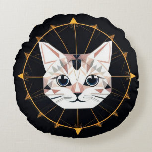 Cojín Redondo Diseño de gato geométrico rodeado de estrellas dor