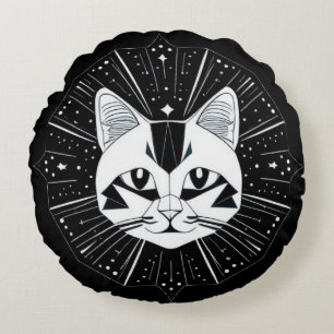Cojín Redondo Diseño de gato geométrico rodeado de estrellas dor