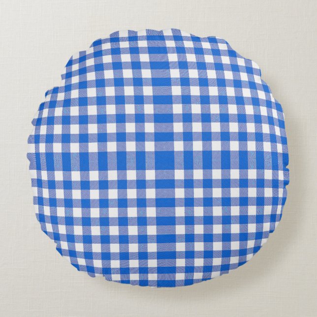 Cojín Redondo Diseño de Gingham blanco azul bonito (Anverso)