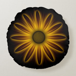 Cojín Redondo Diseño de girasol de neón en negro