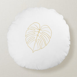 Cojín Redondo Diseño de hoja de Monstera dorada. 