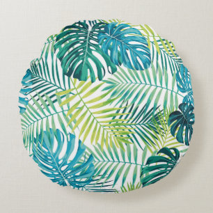 Cojín Redondo Diseño de hojas tropicales con palma verde/azul y
