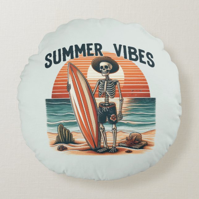 Cojín Redondo Diseño de la playa de verano Vibes Skeleton Surfer (Anverso)