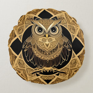 Cojín Redondo Diseño de Mandala de Búho Decorativo Dorado