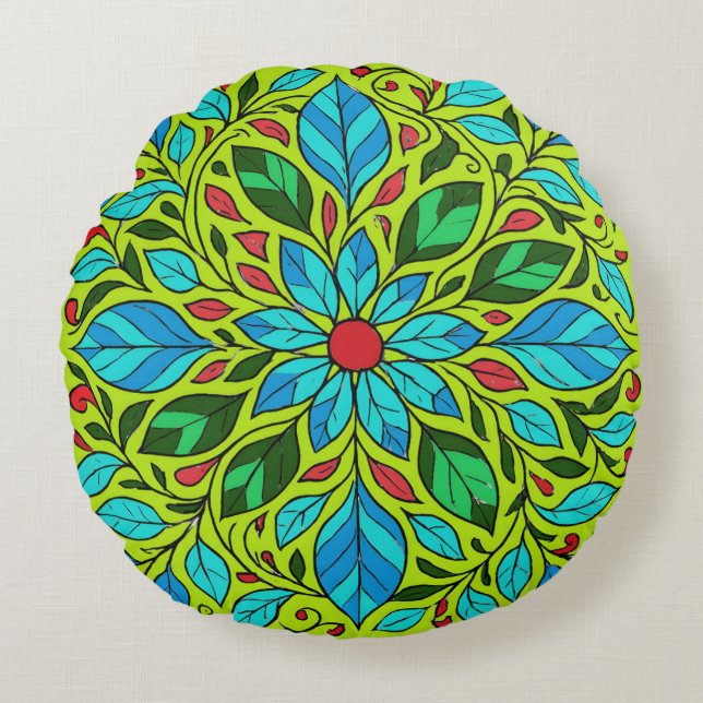 Cojín Redondo Diseño de Mandala de Hojas  (Anverso)