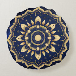 Cojín Redondo Diseño de Mandala de Luna Celestial | Azul Marino