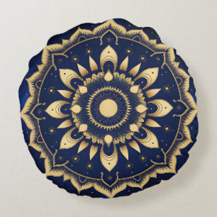 Cojín Redondo Diseño de Mandala de Luna Celestial   Azul Marino 