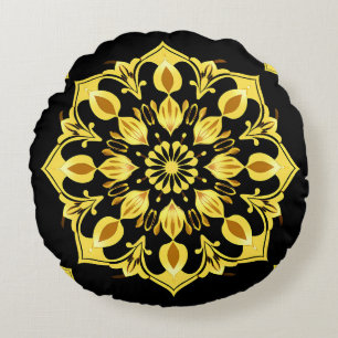 Cojín Redondo Diseño de Mandala Dorado con Patrones Simétricos