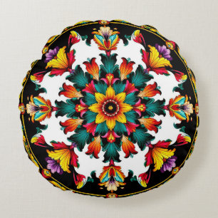Cojín Redondo Diseño de Mandala Ornamentado Vibrante