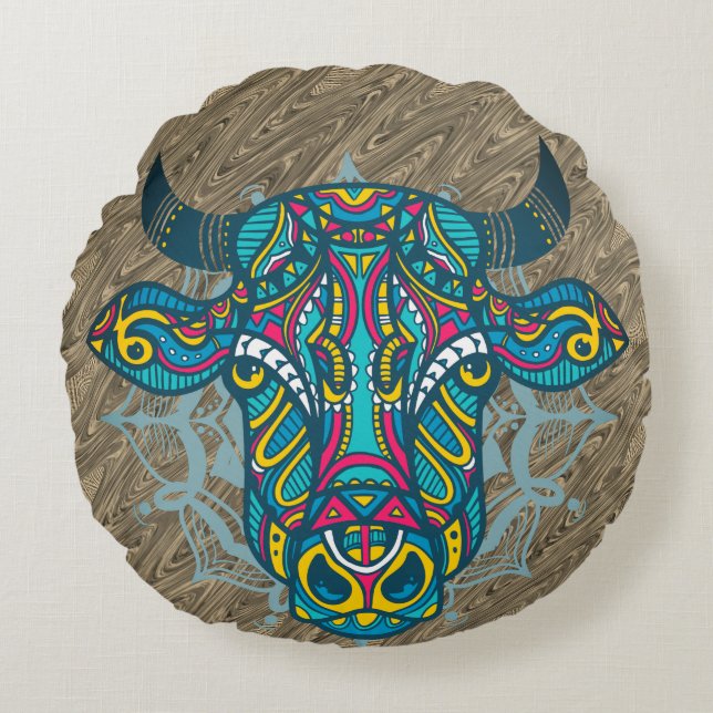Cojín Redondo Diseño de Mandala Vaca Sagrada (Anverso)