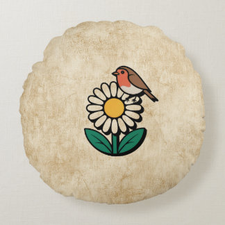 Cojín Redondo Diseño de margarita y pájaro