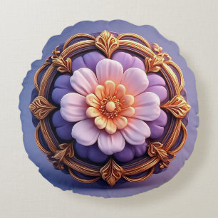 Cojín Redondo Diseño de Medallón Floral Dorado Ornamentado