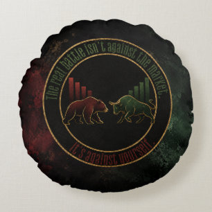 Cojín Redondo Diseño de Mentalidad de Trader Verde Toro Oso Rojo