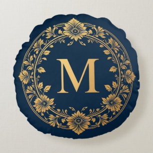 Cojín Redondo Diseño de Monograma Floral de Oro Elegante
