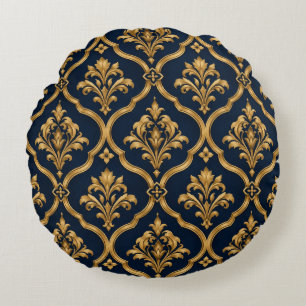 Cojín Redondo Diseño de Motivo Vintage de Damasco Dorado y Azul 