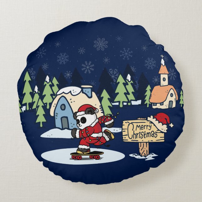 Cojín Redondo Diseño de Navidad de patinador de panda (Reverso)