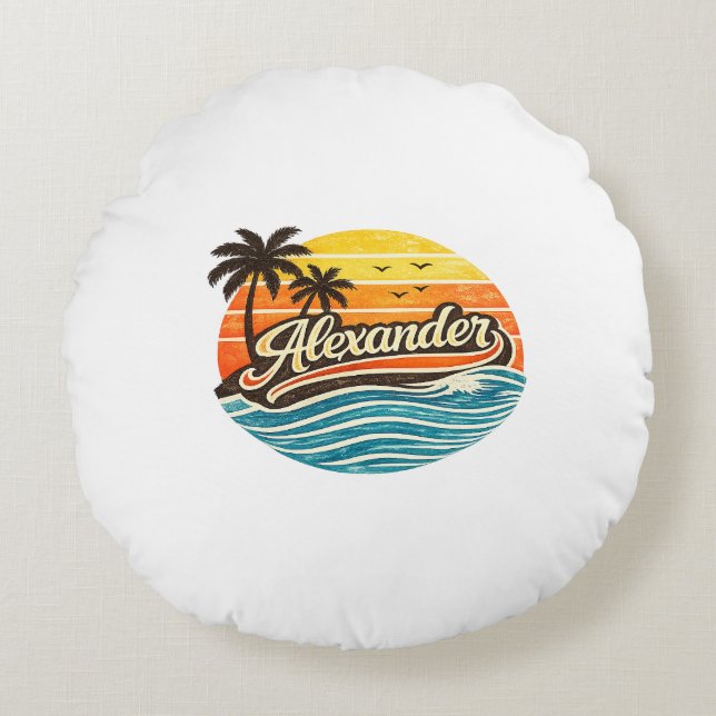Cojín Redondo Diseño de nombre Alexander Retro Sunset (Anverso)