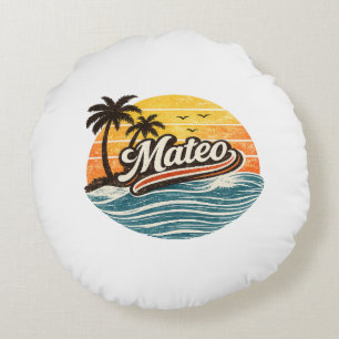 Cojín Redondo Diseño de nombre de Mateo atardecer retro